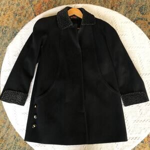 VTG 80s Alorna Forstmann Black Wool Peacoat Medium Cheetah Print Trim Mob Wife